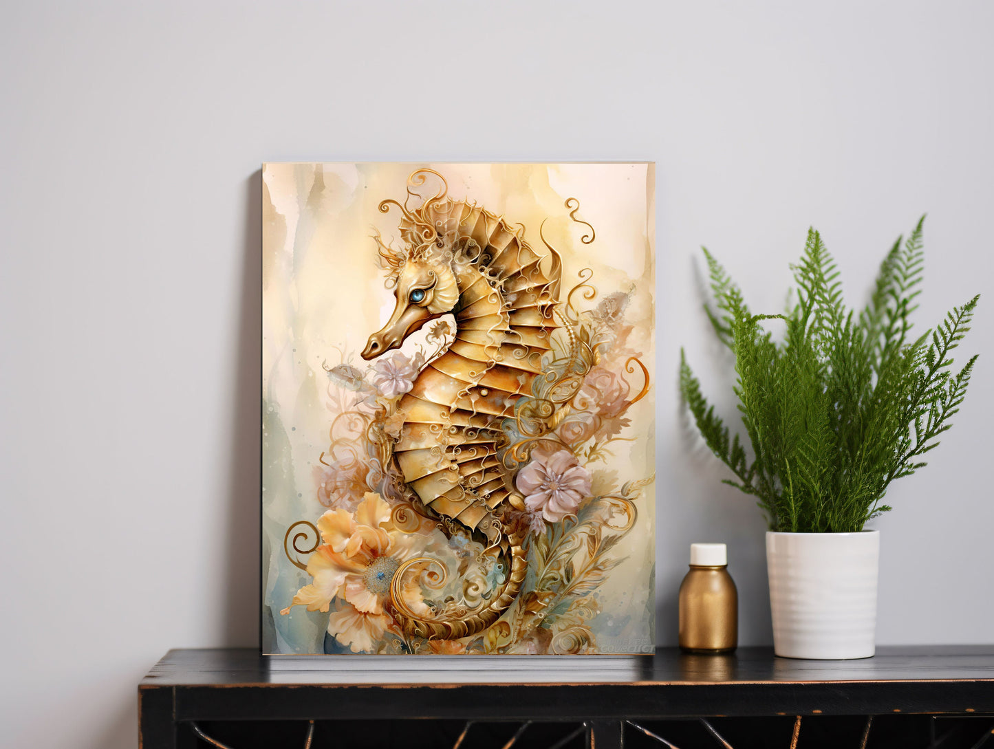 11x14 Golden Seahorse Wall Art Canvas Print