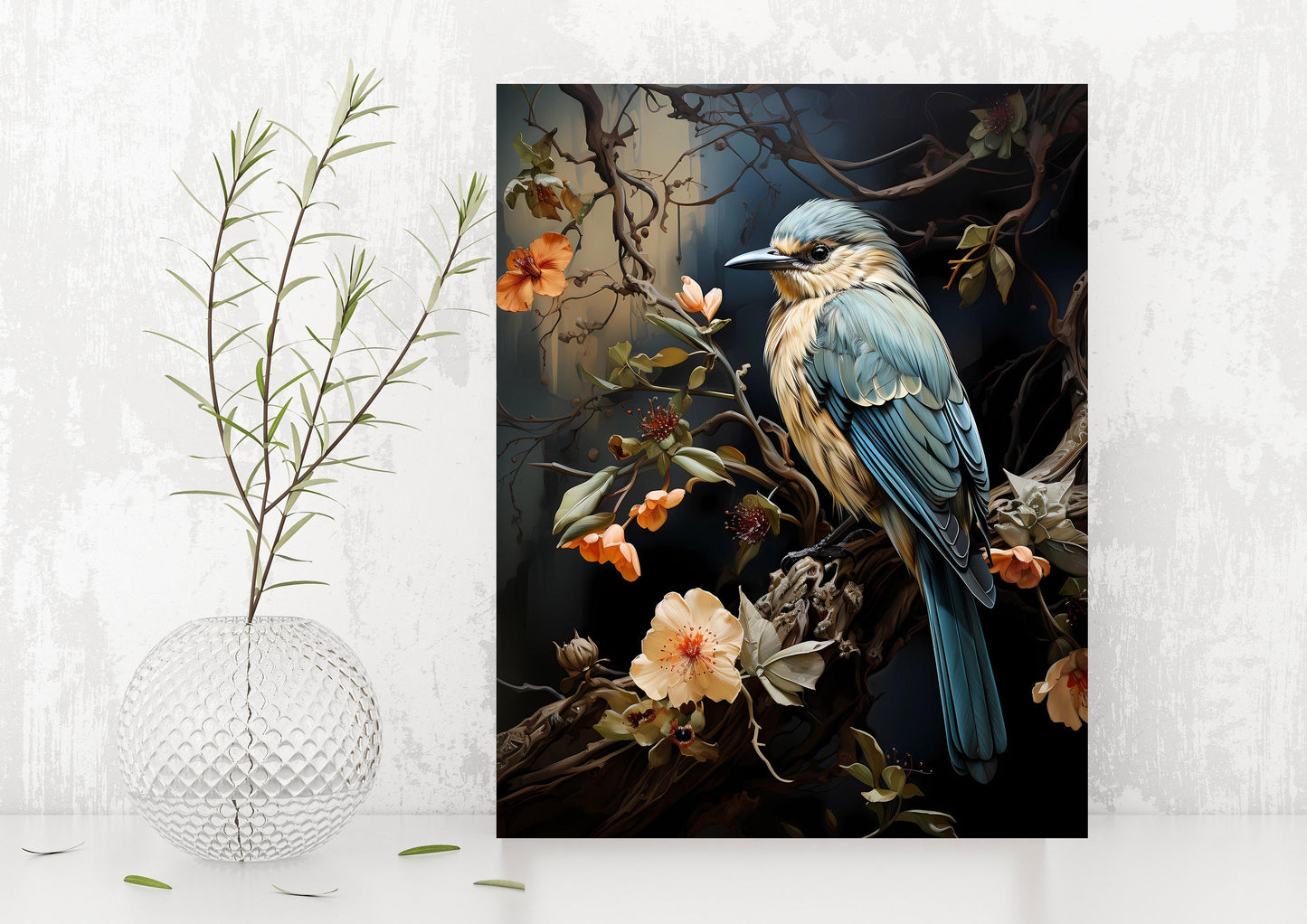 11x14 Blue Bird on a Branch Wall Art Canvas Print