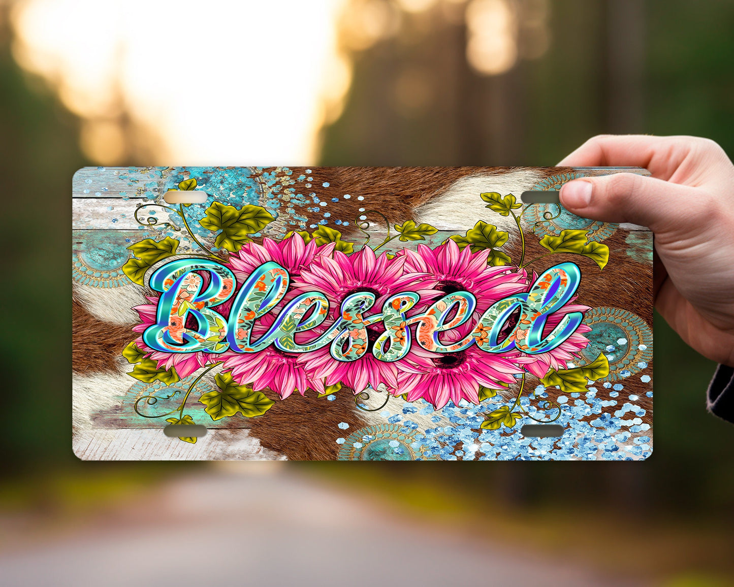 Pink Daisy Blessed Vanity Decorative Front License Plate Cute Car License Plate Aluminum Metal Plate