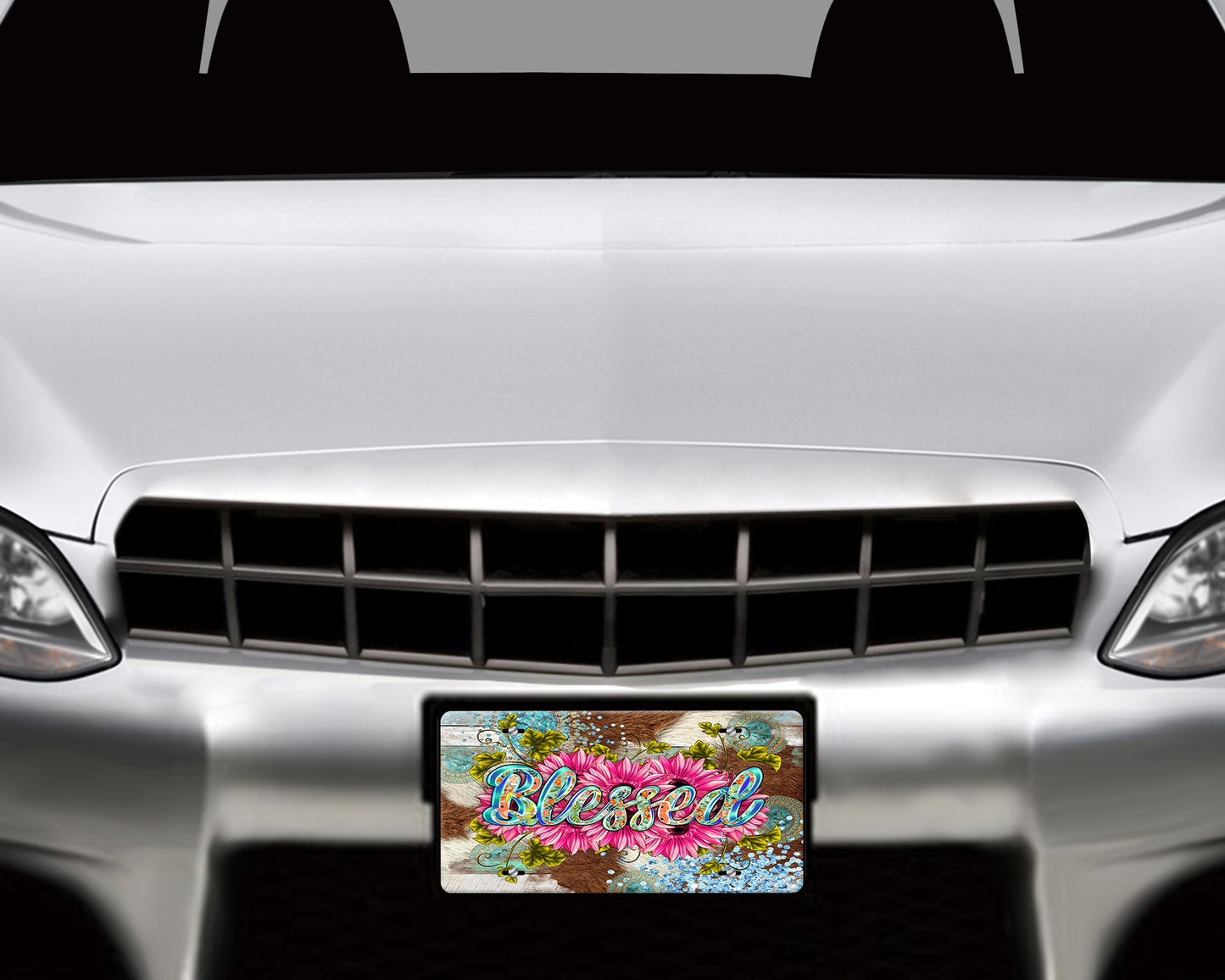 Pink Daisy Blessed Vanity Decorative Front License Plate Cute Car License Plate Aluminum Metal Plate