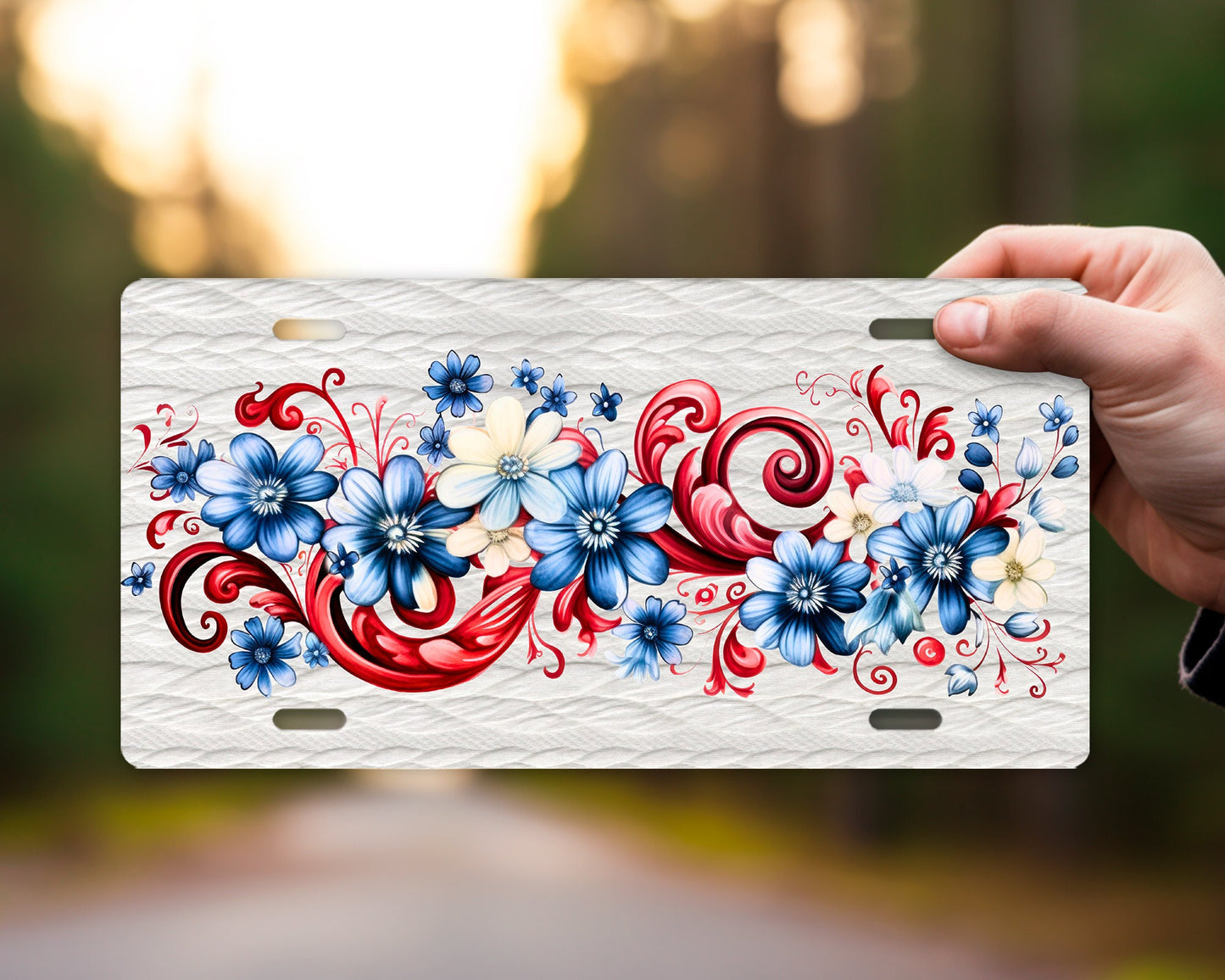 Vanity Front License Plate, Red, White and Blue Floral Spray Aluminum License Plate Car Accessory Decorative Front Plate