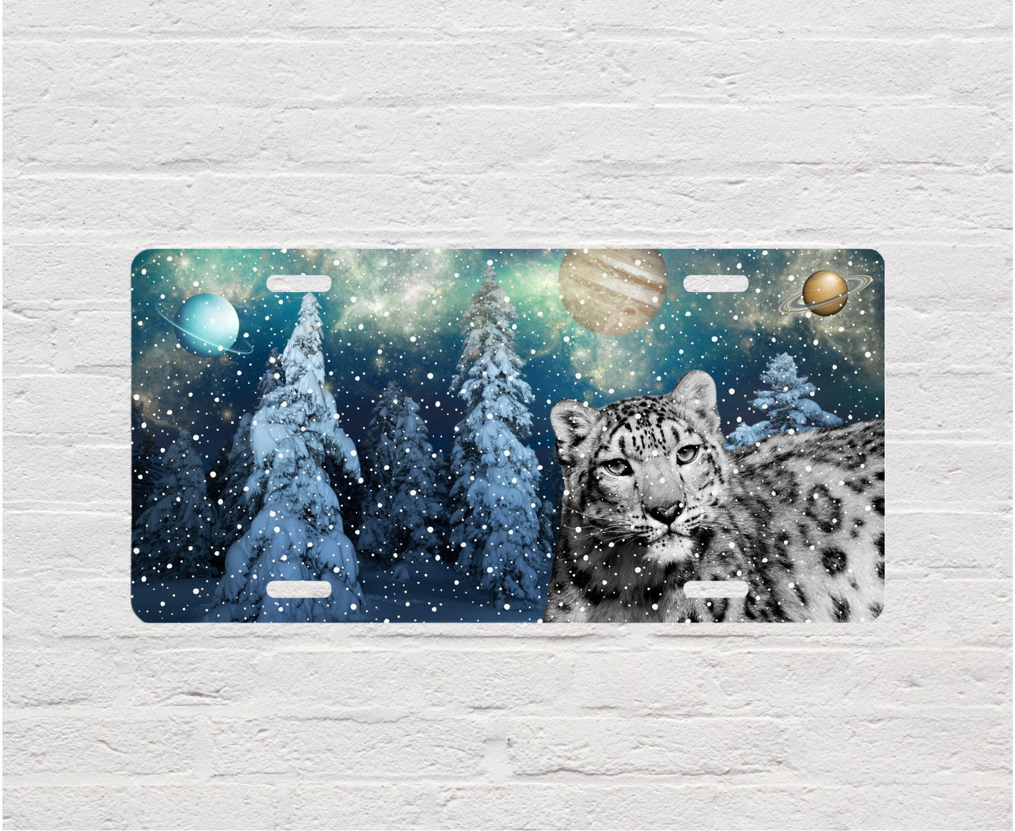 Vanity Front License Plate, Snow Leopard Galaxy Aluminum License Plate Car Accessory Decorative Front Plate