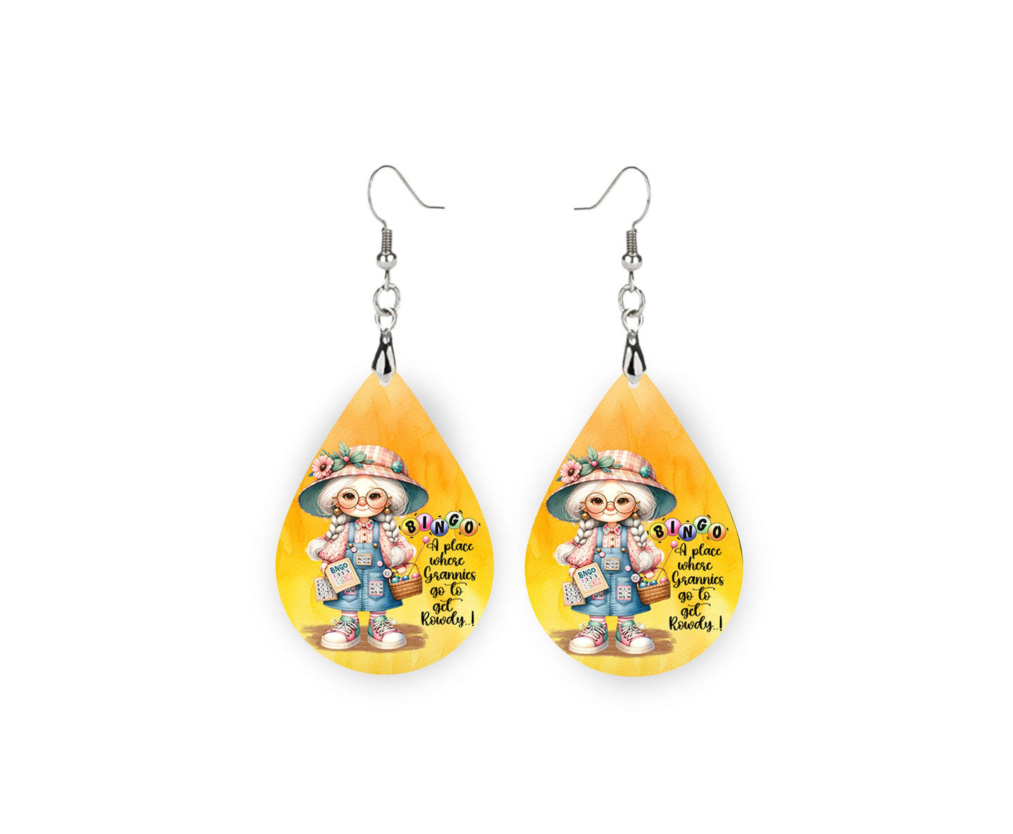 Bingo Granny Earrings, Teardrop Dangle Printed Earrings Jewelry Handmade