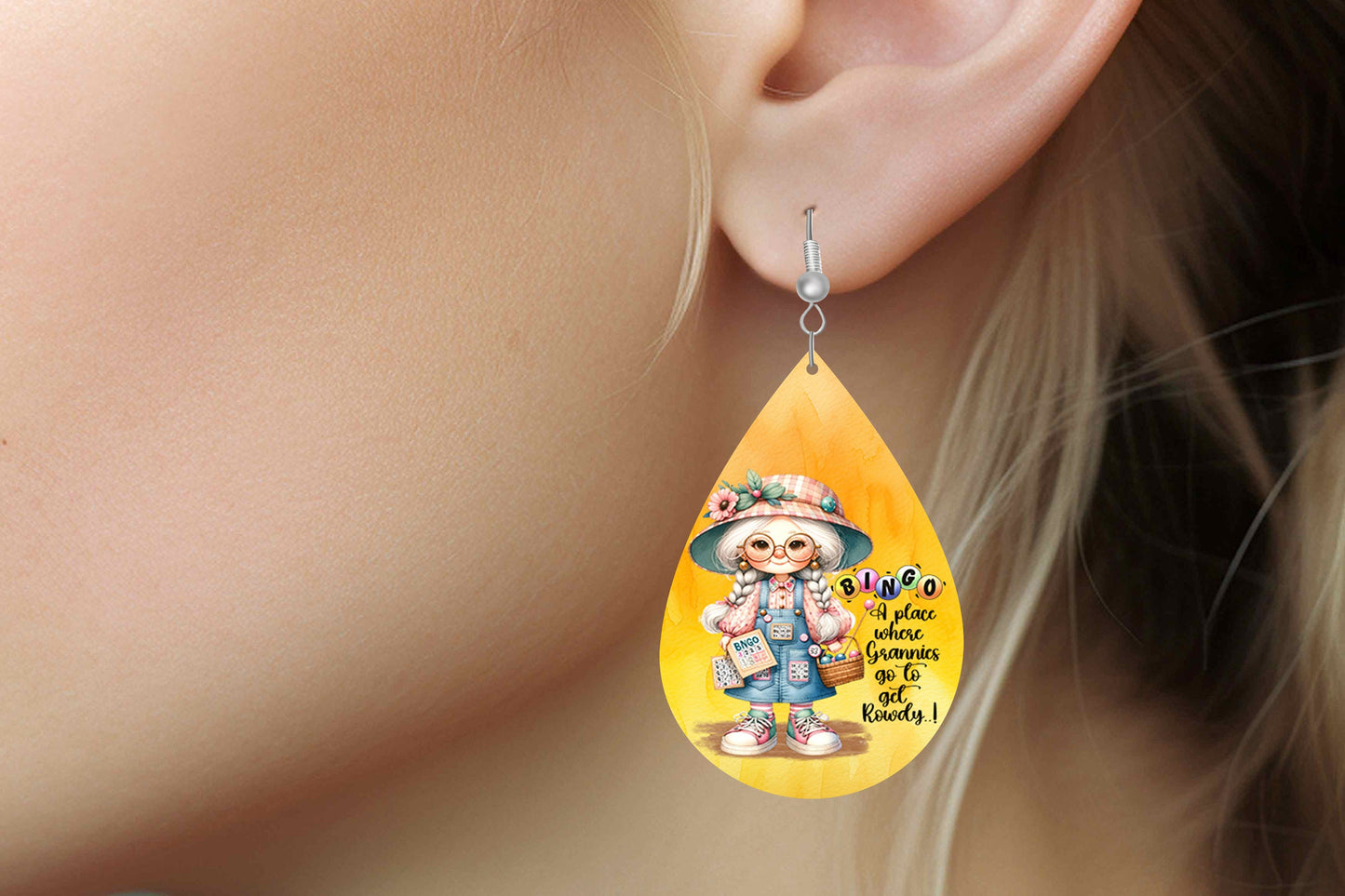 Bingo Granny Earrings, Teardrop Dangle Printed Earrings Jewelry Handmade