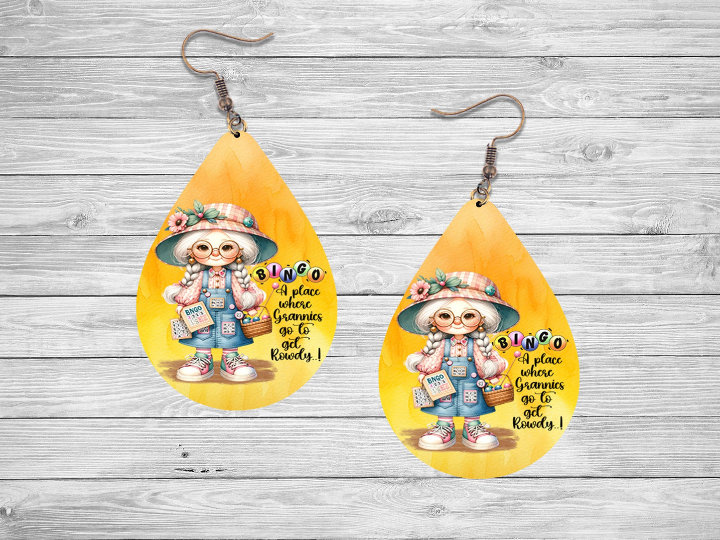 Bingo Granny Earrings, Teardrop Dangle Printed Earrings Jewelry Handmade