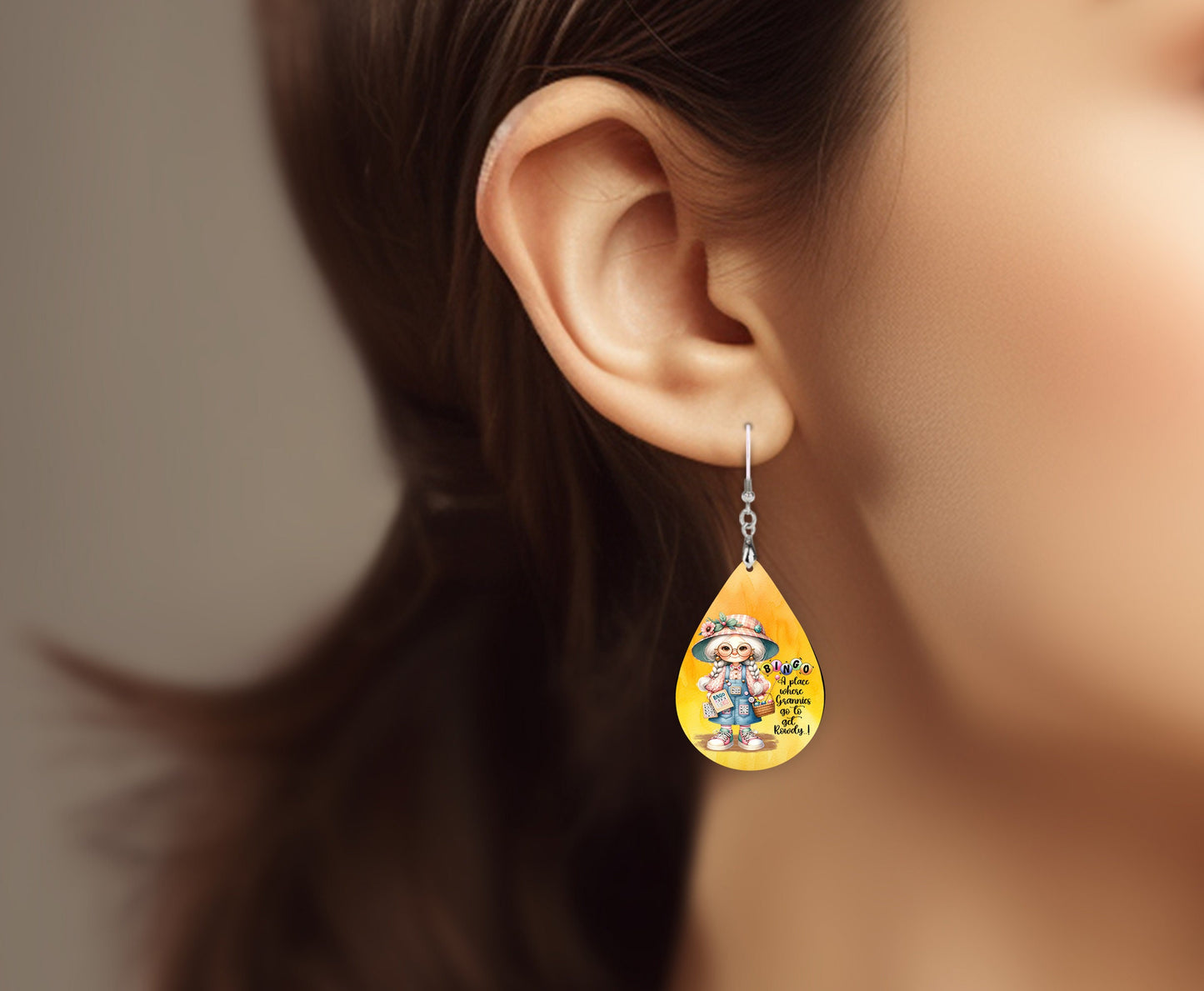 Bingo Granny Earrings, Teardrop Dangle Printed Earrings Jewelry Handmade