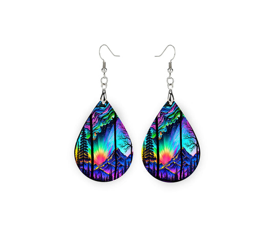 Northern Lights Sunset Print Earrings Print Tear Drop Wood Dangle Earrings Hypoallergenic Jewelry