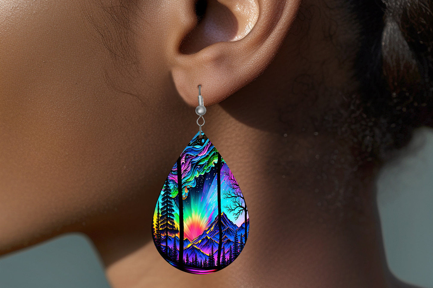 Northern Lights Sunset Print Earrings Print Tear Drop Wood Dangle Earrings Hypoallergenic Jewelry