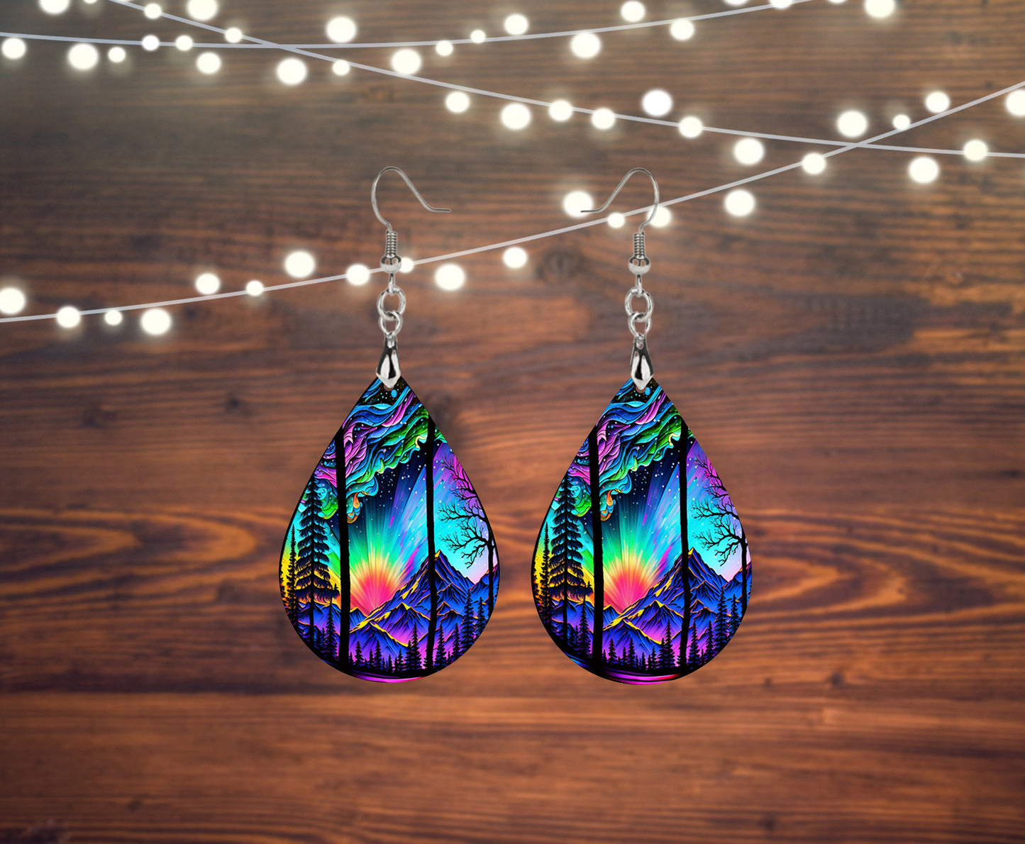 Northern Lights Sunset Print Earrings Print Tear Drop Wood Dangle Earrings Hypoallergenic Jewelry