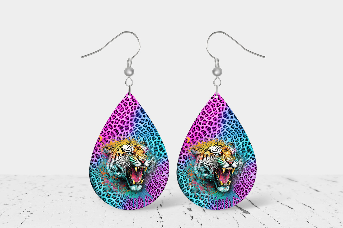 Tiger Roar Print Earrings Print Tear Drop Wood Dangle Earrings Hypoallergenic Jewelry