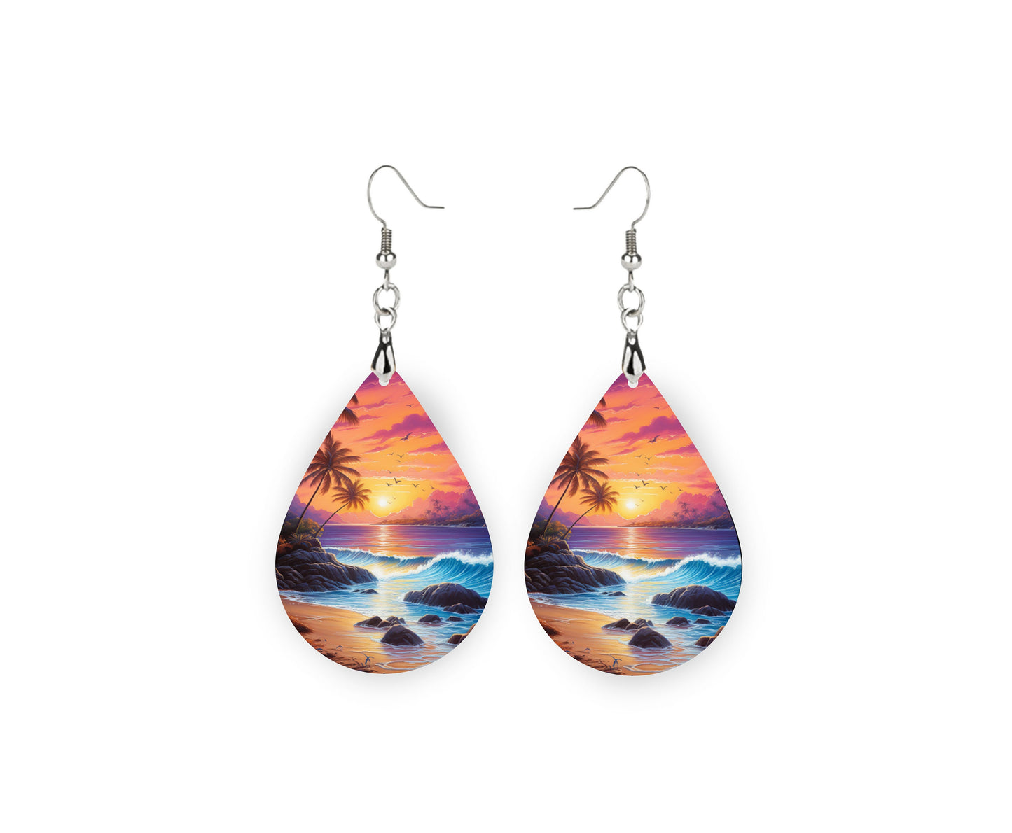 Beach Sunset Print Earrings Print Tear Drop Wood Dangle Earrings Hypoallergenic Jewelry