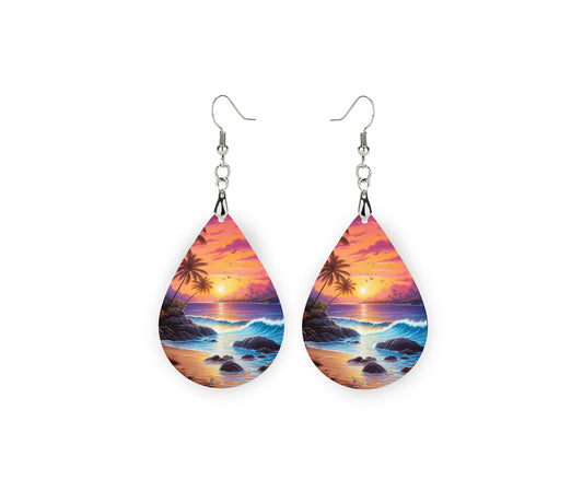 Beach Sunset Print Earrings Print Tear Drop Wood Dangle Earrings Hypoallergenic Jewelry