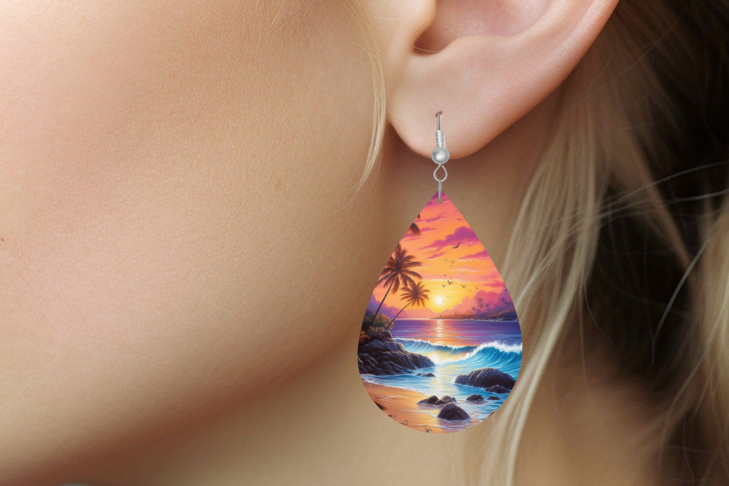 Beach Sunset Print Earrings Print Tear Drop Wood Dangle Earrings Hypoallergenic Jewelry