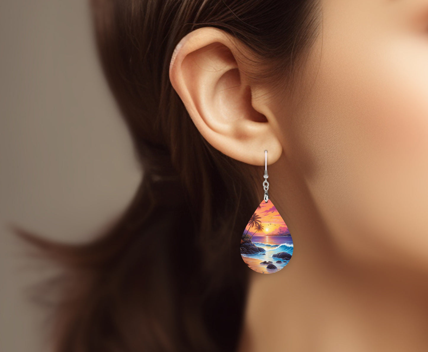 Beach Sunset Print Earrings Print Tear Drop Wood Dangle Earrings Hypoallergenic Jewelry