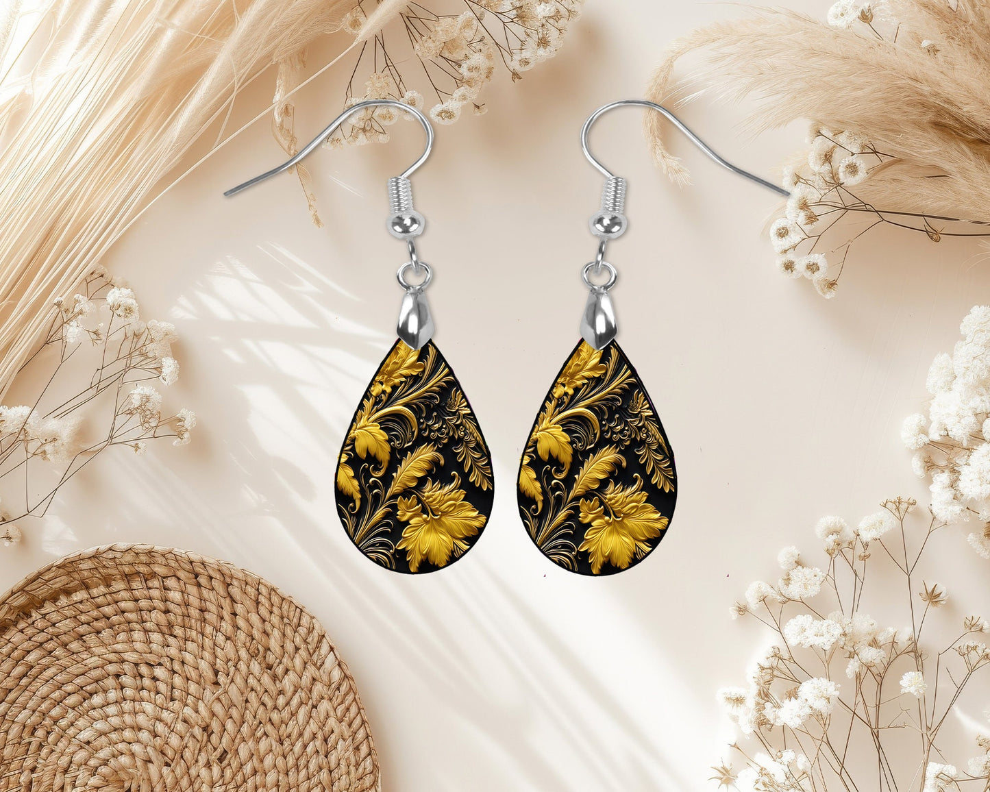 Black and Gold Baroque Print Earrings Print Tear Drop Wood Dangle Earrings Hypoallergenic Jewelry