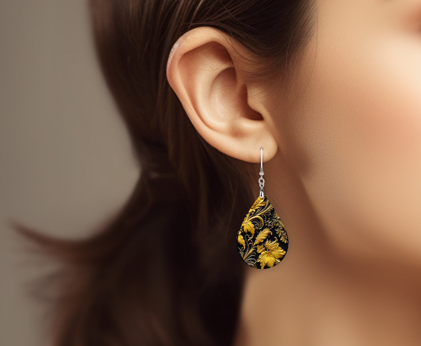 Black and Gold Baroque Print Earrings Print Tear Drop Wood Dangle Earrings Hypoallergenic Jewelry