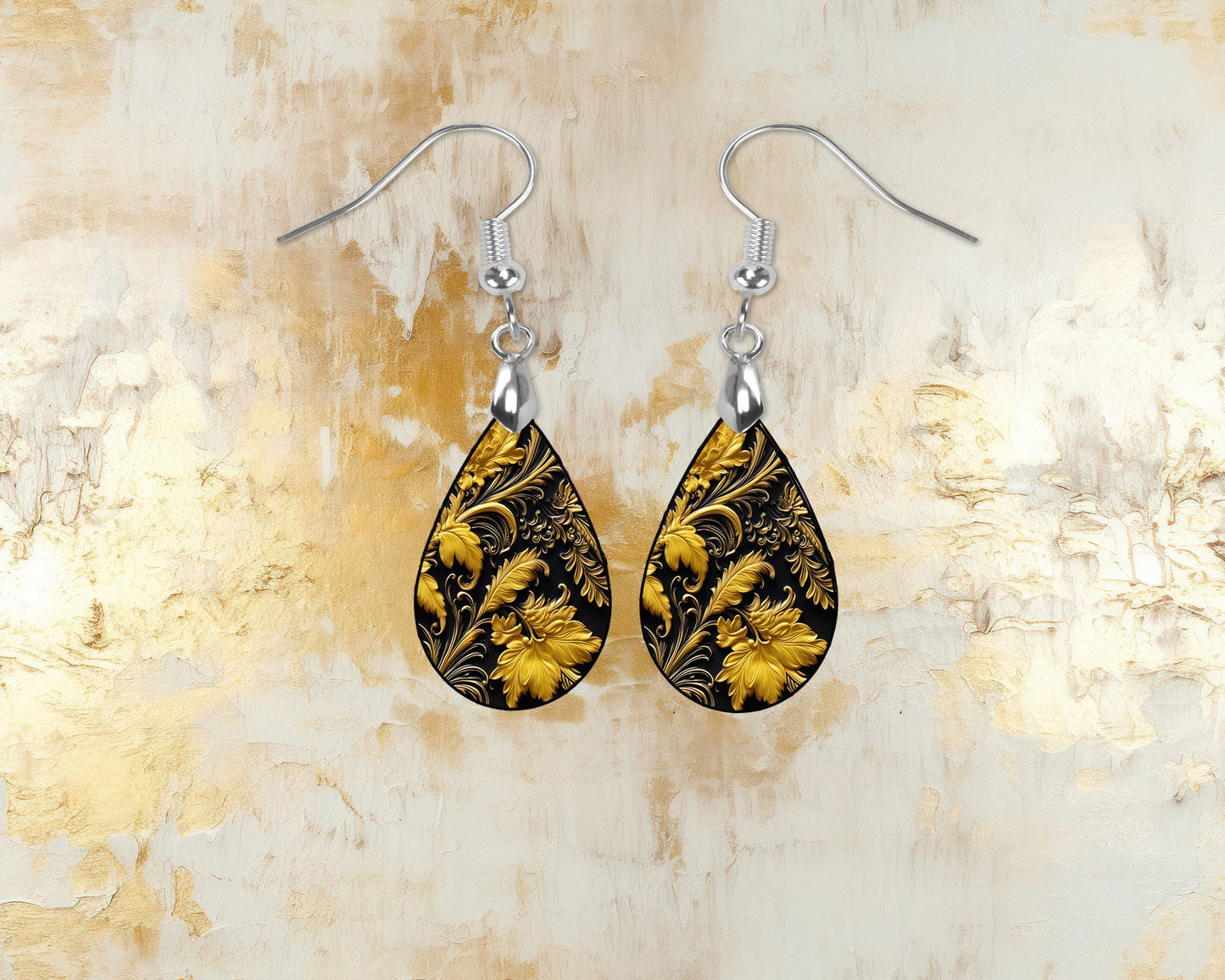 Black and Gold Baroque Print Earrings Print Tear Drop Wood Dangle Earrings Hypoallergenic Jewelry