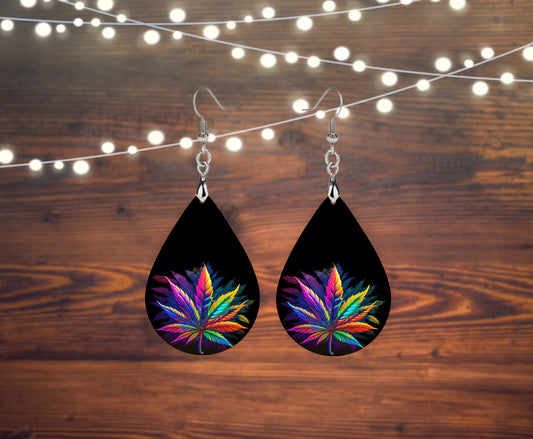 Neon Weed Print Earrings Print Tear Drop Wood Dangle Earrings Hypoallergenic Jewelry