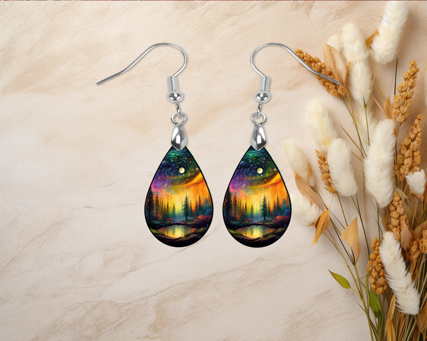 Northern Lights Over Lake Print Earrings Print Tear Drop Wood Dangle Earrings Hypoallergenic Jewelry