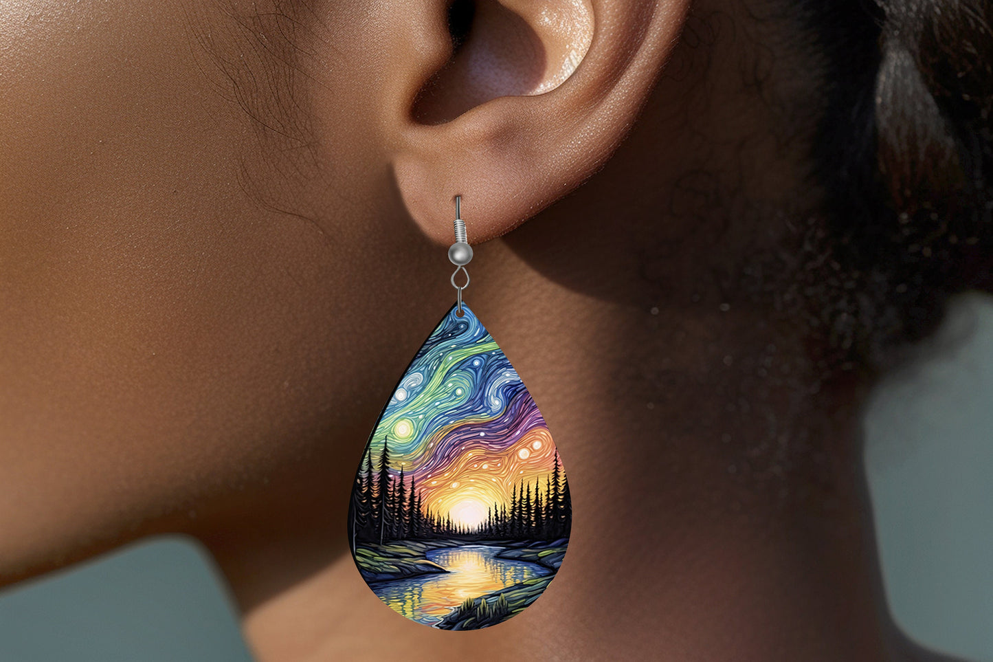 New Release, Northern Lights River  Earrings, Teardrop Dangle Printed Earrings Jewelry Handmade