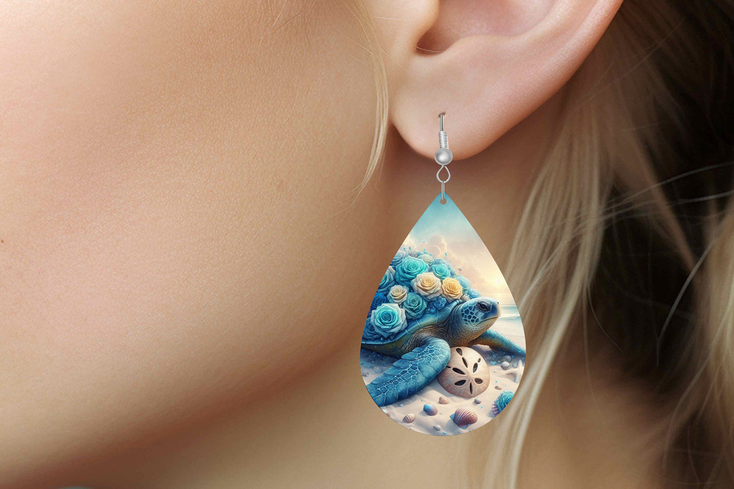 Floral  Sea Turtles Print Earrings, Teardrop Dangle Printed Earrings Jewelry Handmade