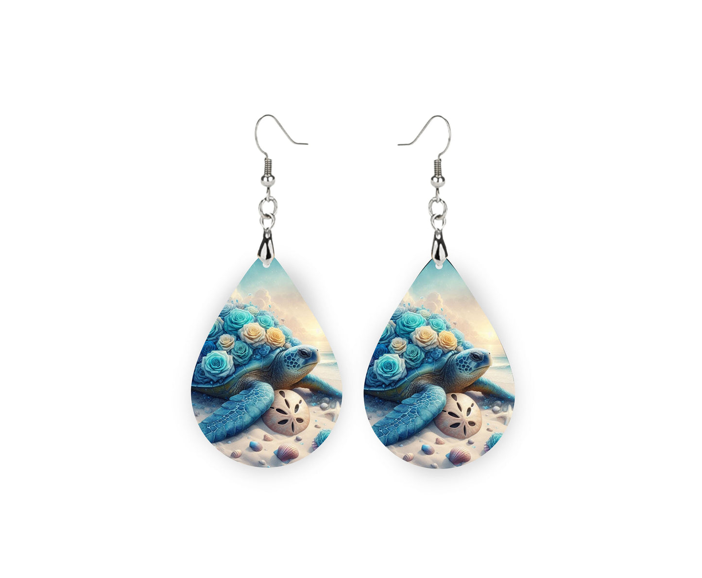 Floral  Sea Turtles Print Earrings, Teardrop Dangle Printed Earrings Jewelry Handmade