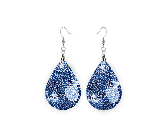 Navy Dahlia Print Earrings, Teardrop Dangle Printed Earrings Jewelry Handmade