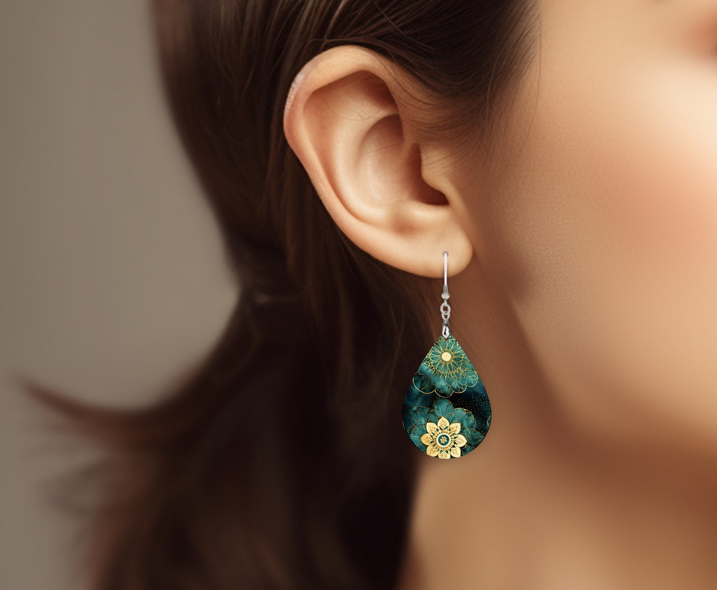 Green Gold Mandala Print Earrings Print Tear Drop Wood Dangle Earrings Hypoallergenic Jewelry