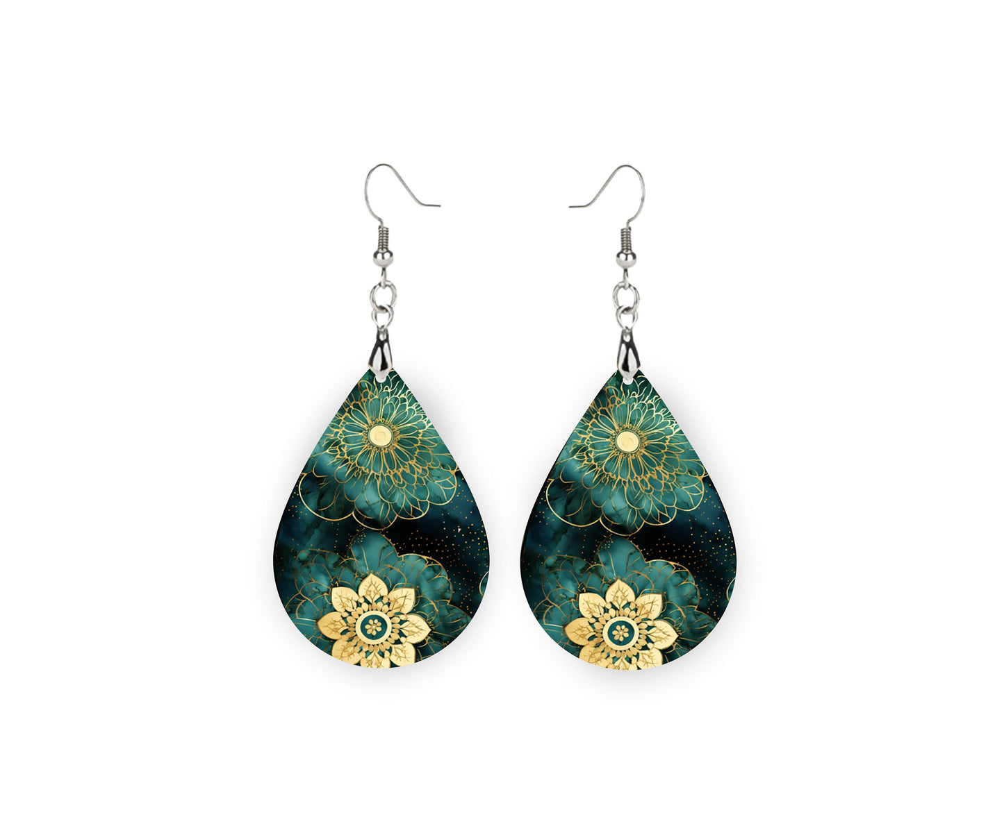 Green Gold Mandala Print Earrings Print Tear Drop Wood Dangle Earrings Hypoallergenic Jewelry