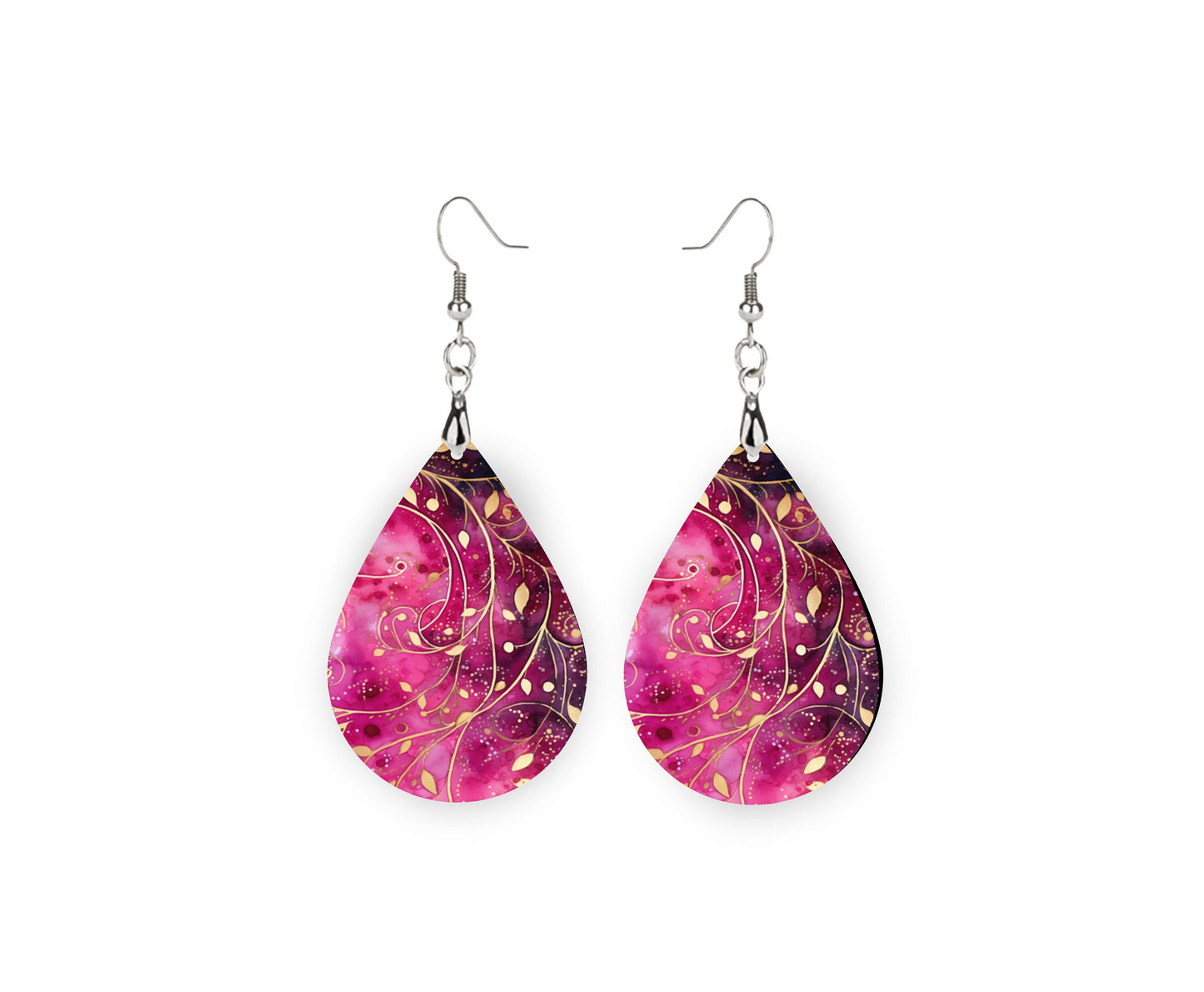 New Release Magenta and Gold Swirl Print Earrings Print Tear Drop Wood Dangle Earrings Hypoallergenic Jewelry