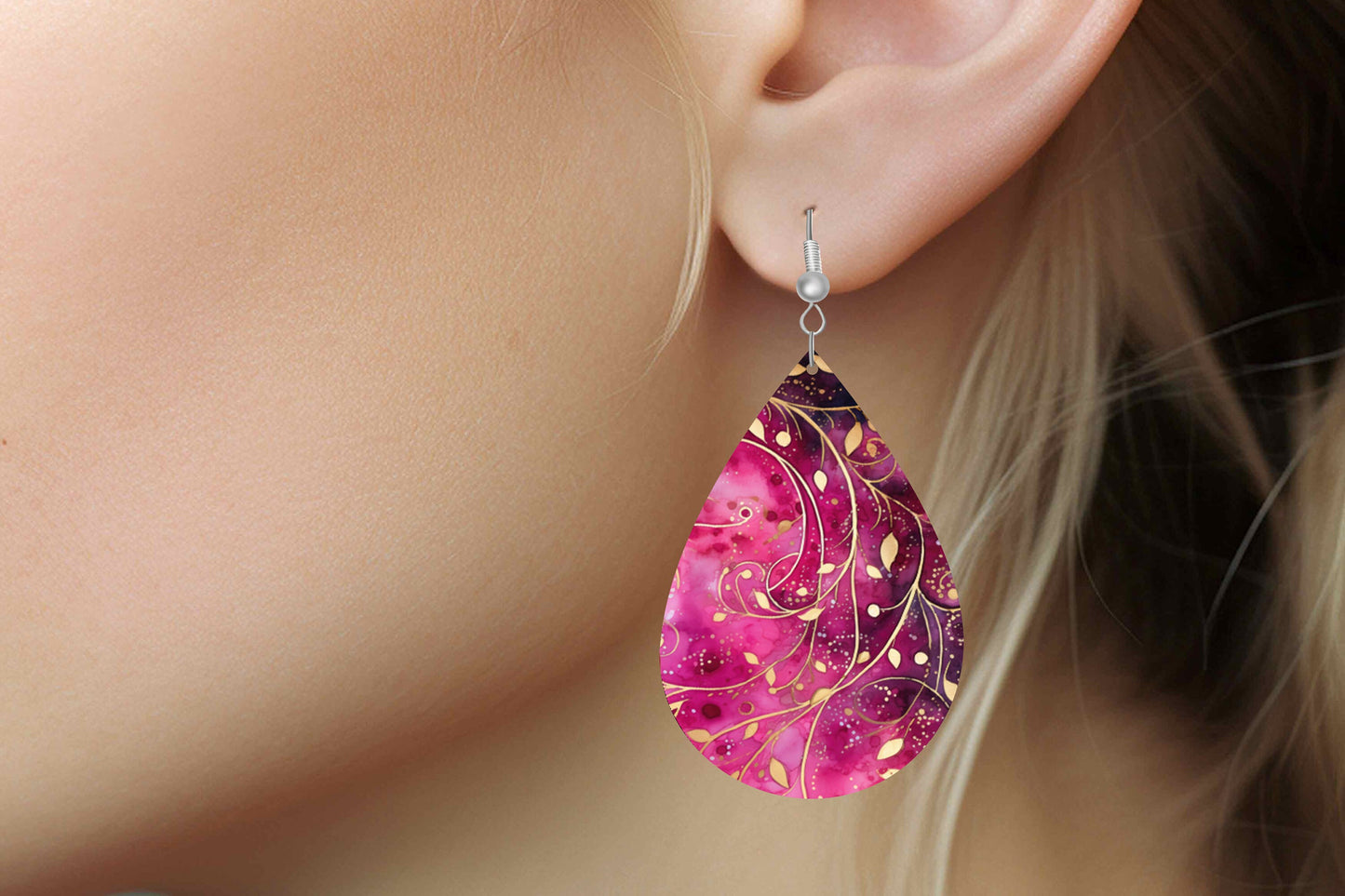 New Release Magenta and Gold Swirl Print Earrings Print Tear Drop Wood Dangle Earrings Hypoallergenic Jewelry