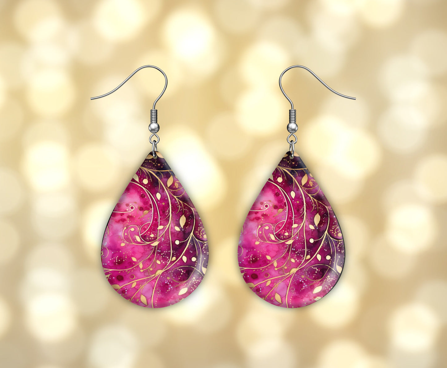 New Release Magenta and Gold Swirl Print Earrings Print Tear Drop Wood Dangle Earrings Hypoallergenic Jewelry