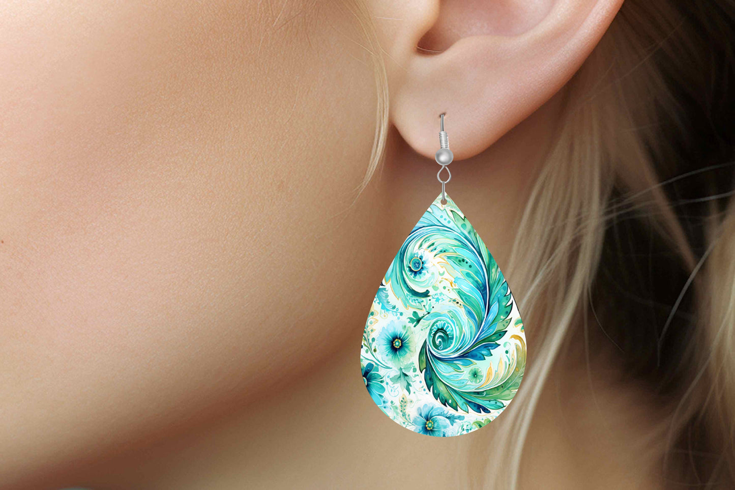 Ocean Waves Paisley Print Earrings Print Tear Drop Wood Dangle Earrings Hypoallergenic Jewelry