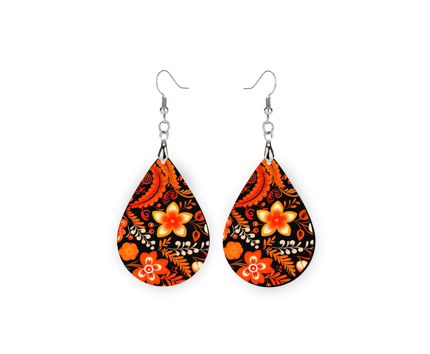 Orange and Black Eastern Folkart Print Earrings Print Tear Drop Wood Dangle Earrings Hypoallergenic Jewelry