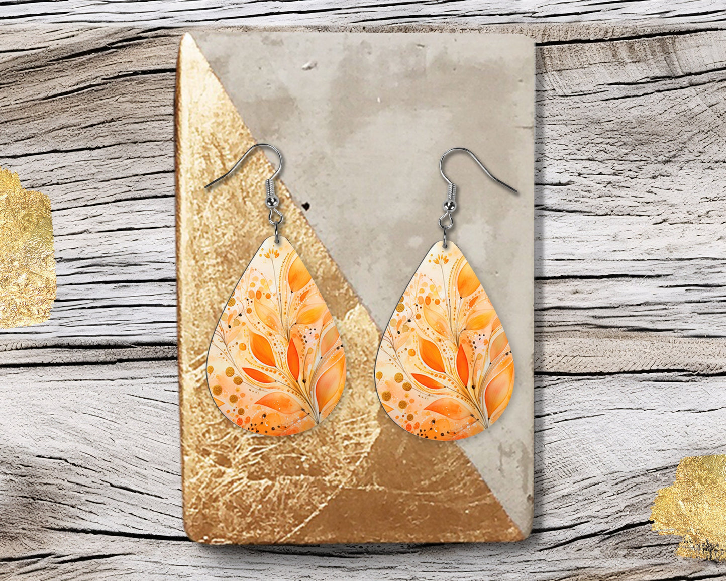 Orange Foliage Print Earrings Print Tear Drop Wood Dangle Earrings Hypoallergenic Jewelry