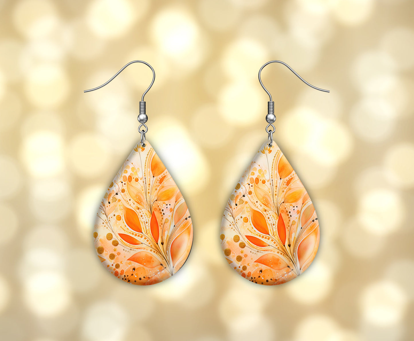 Orange Foliage Print Earrings Print Tear Drop Wood Dangle Earrings Hypoallergenic Jewelry