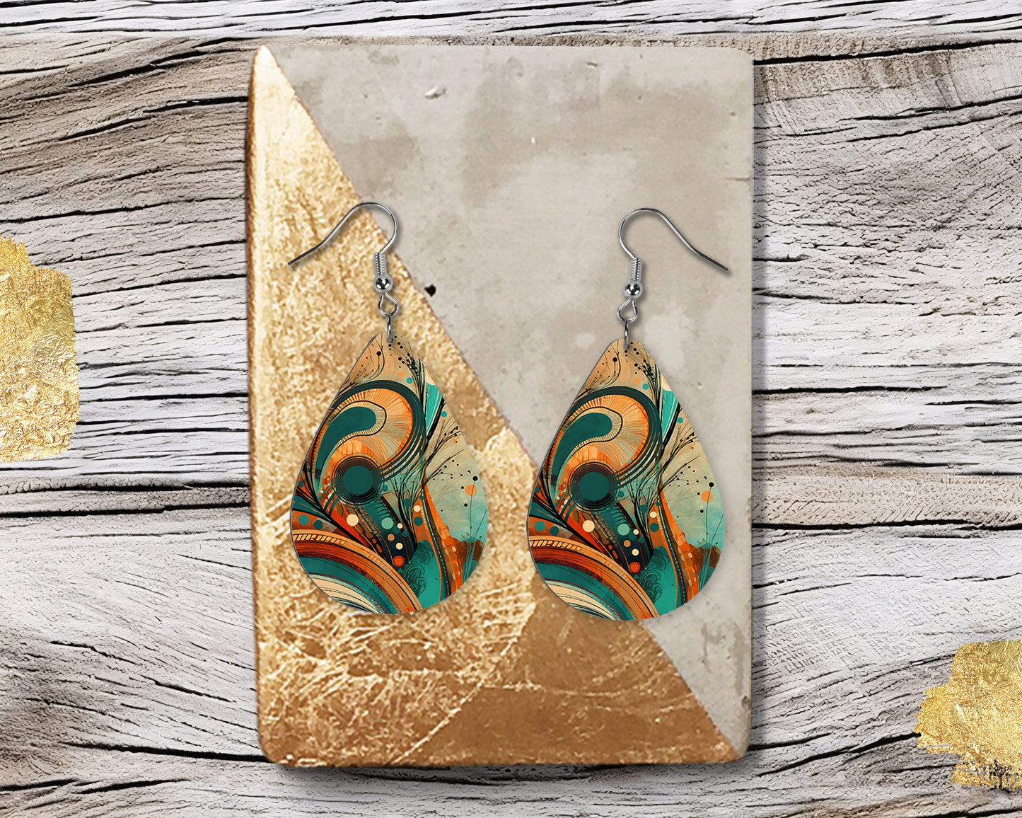 Orange and Turquoise Abstract Print Earrings, Teardrop Dangle Printed Earrings Jewelry Handmade