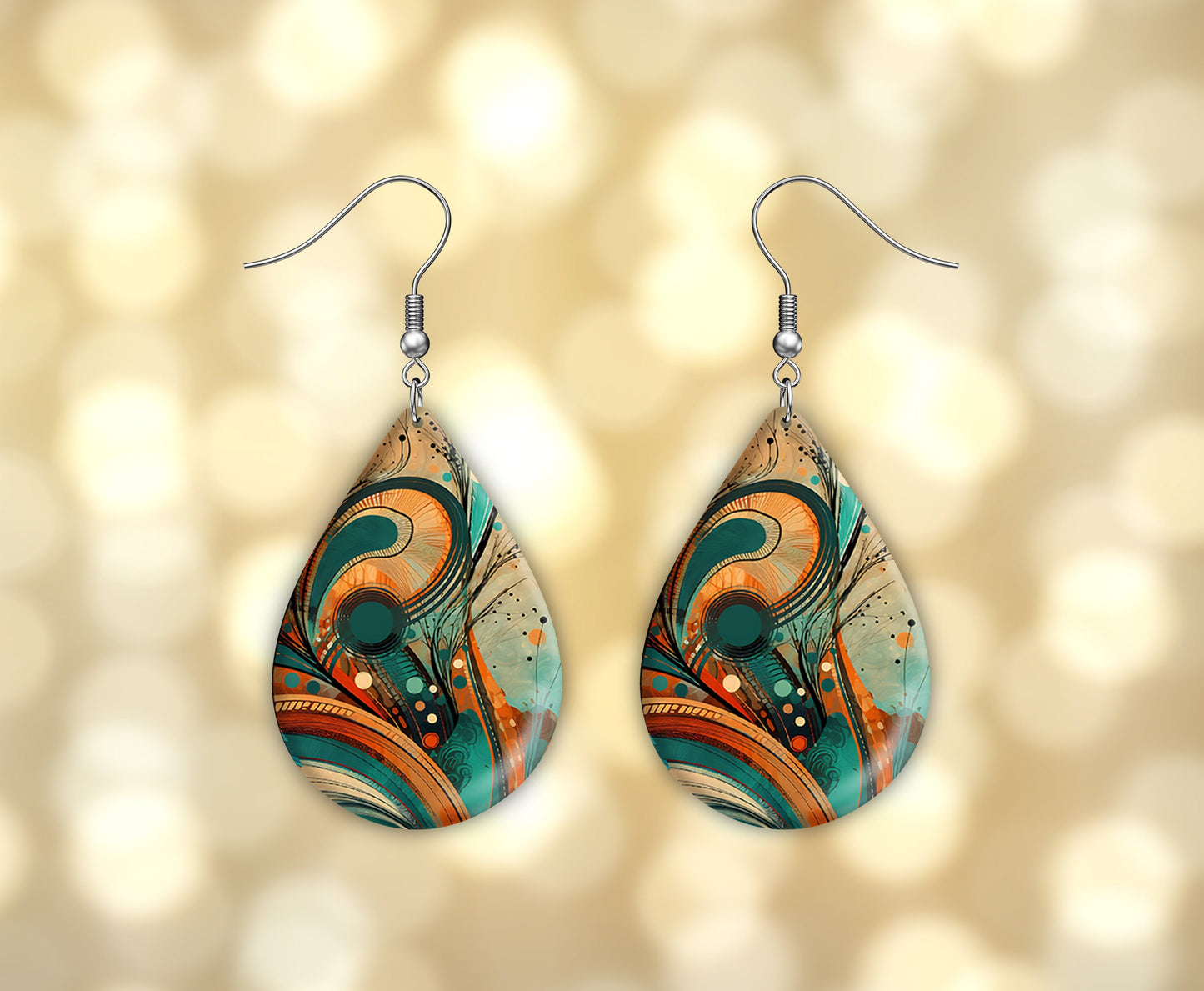 Orange and Turquoise Abstract Print Earrings, Teardrop Dangle Printed Earrings Jewelry Handmade