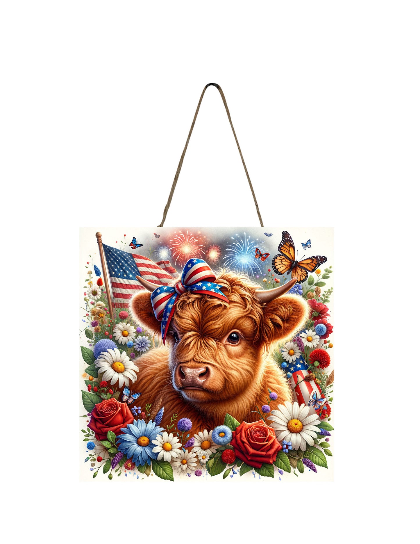 Highland Cow 4th of July Printed Handmade Wood  Mini Sign