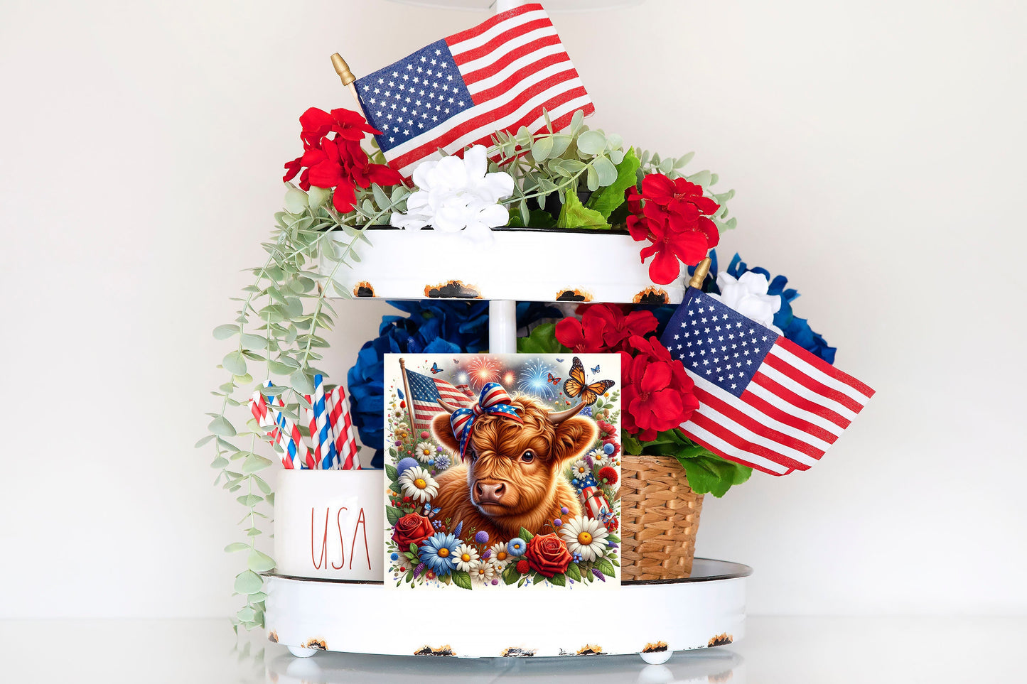 Highland Cow 4th of July Printed Handmade Wood  Mini Sign