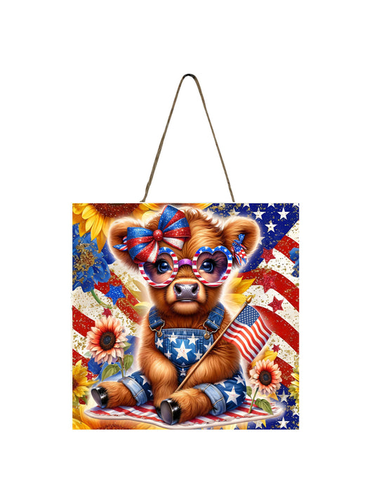 Patriotic Highland Cow in Overalls Hanging Wall Mini Sign Wood Home Decor, Door Hanger, Wreath Sign