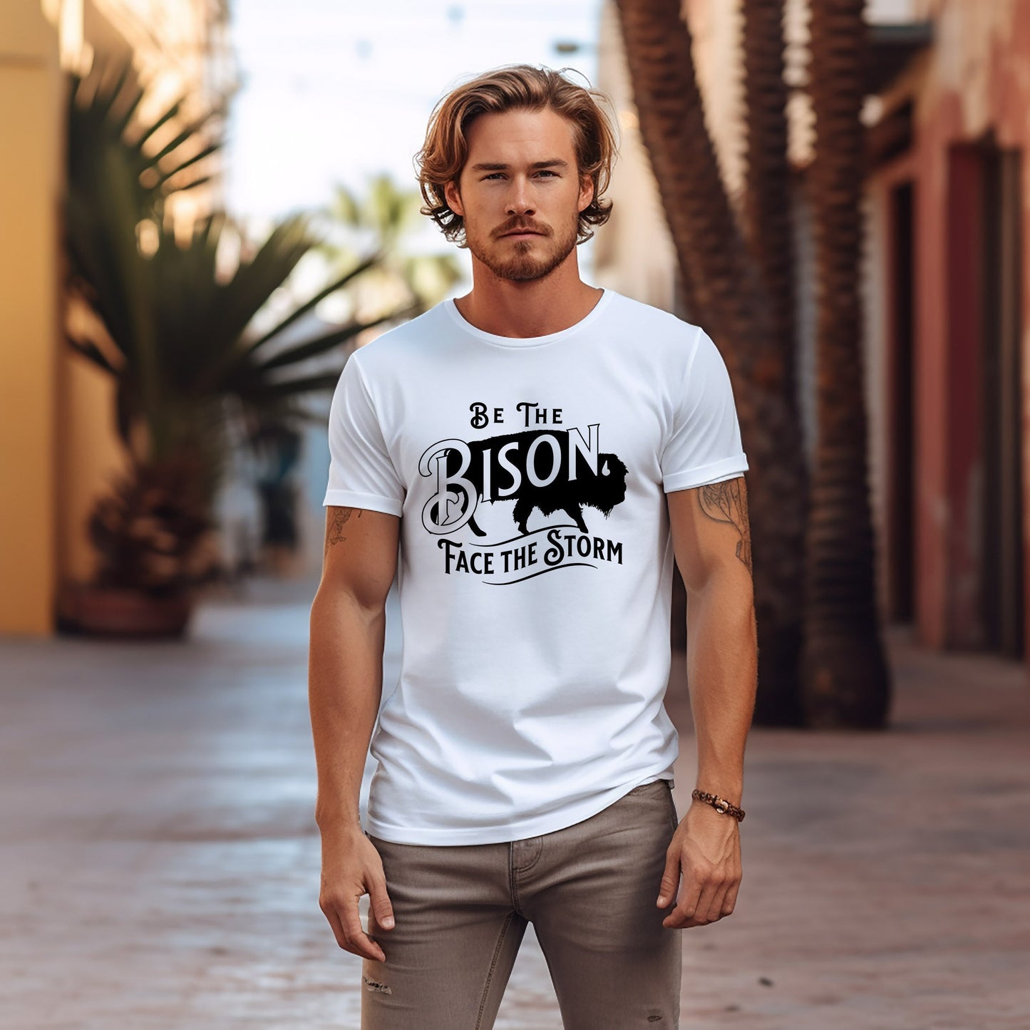 Be the Bison, Face the Storm T Shirt,  Tshirt, Graphic T's  100% Cotton, White or Gray, Tee