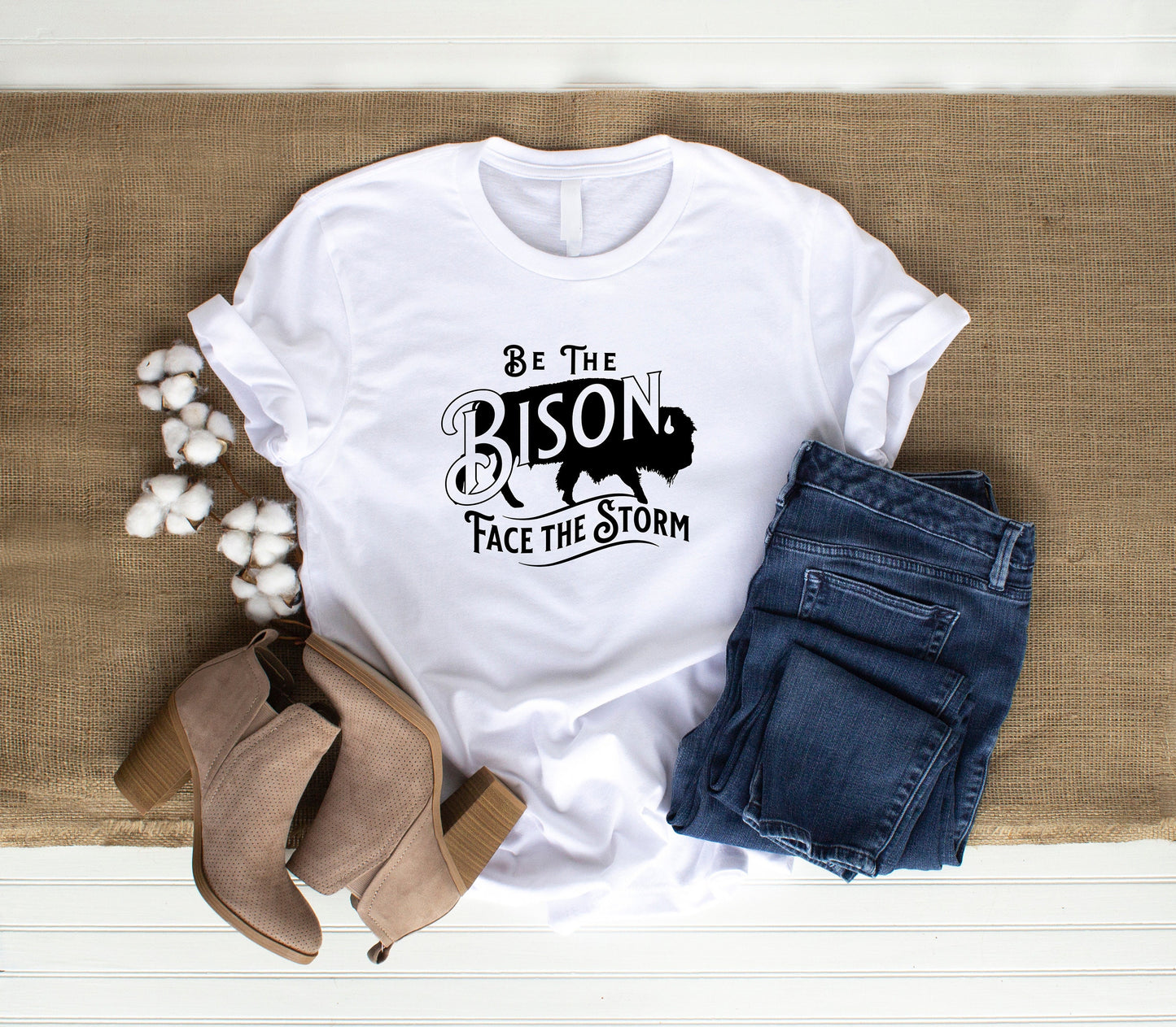 Be the Bison, Face the Storm T Shirt,  Tshirt, Graphic T's  100% Cotton, White or Gray, Tee