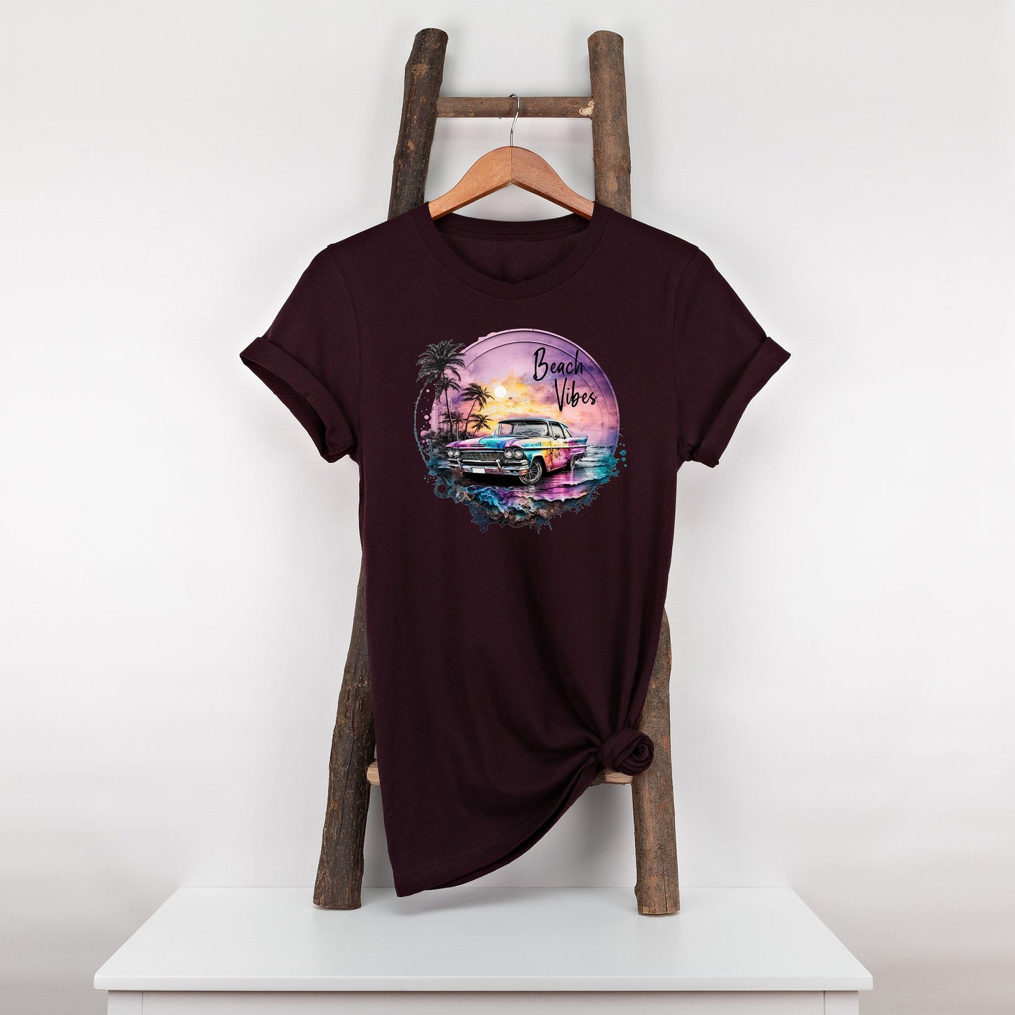 New Release, Beach Vibes Vintage Car T Shirt, Tshirt, Graphic T's  100% Cotton Black White or Gray, Tee,