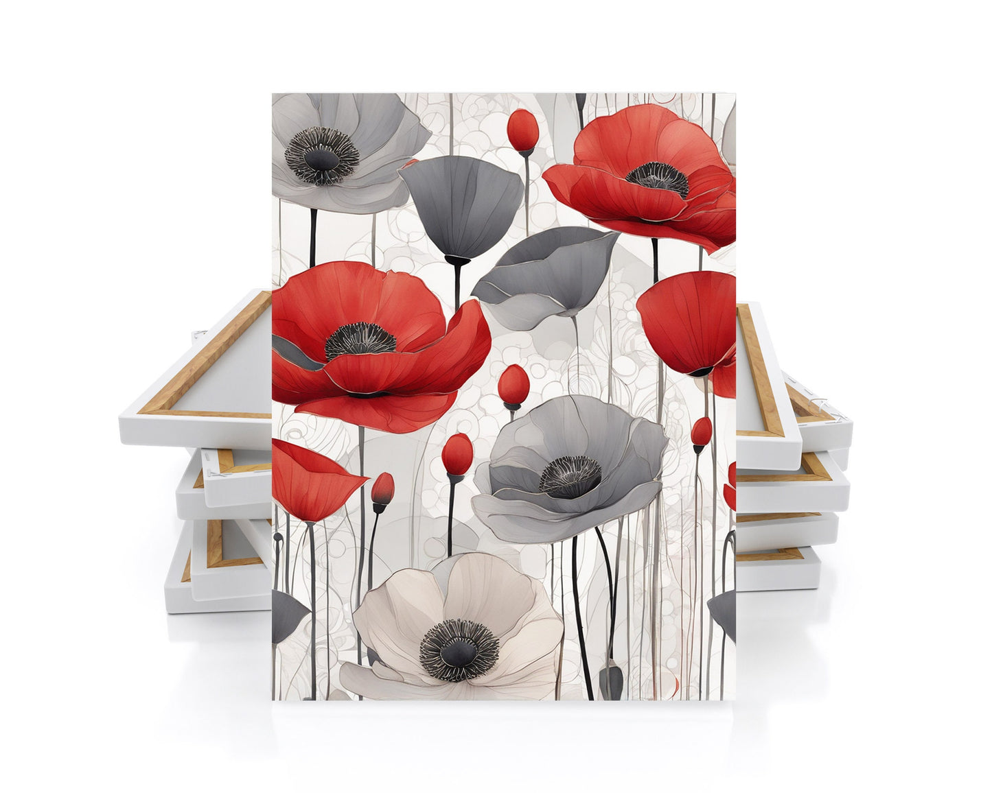 16x20 Red and Gray Poppies Wall Art Canvas Print