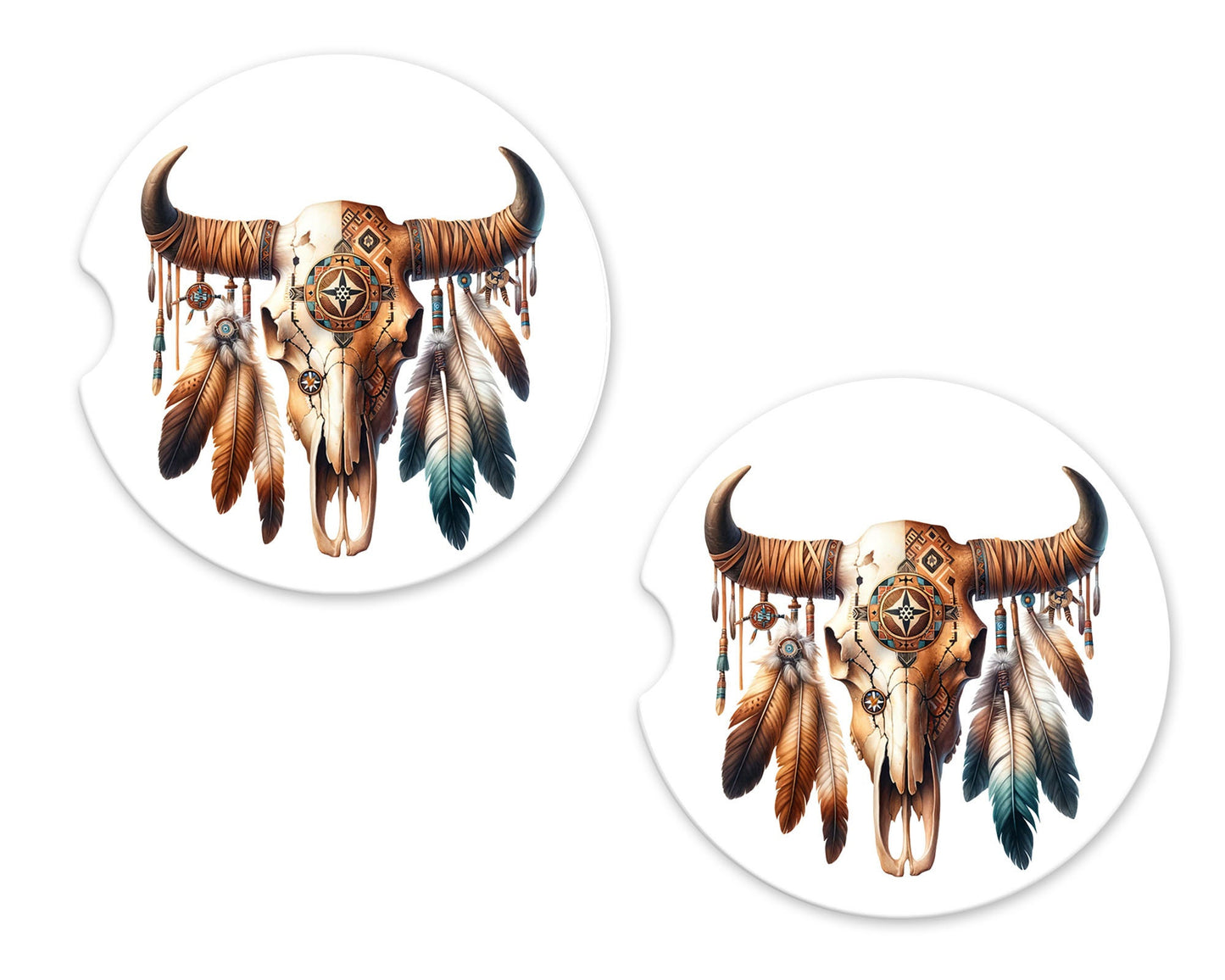 Set of 2 Cow Skull and Feathers Sandstone Car Coasters, Car Accessory