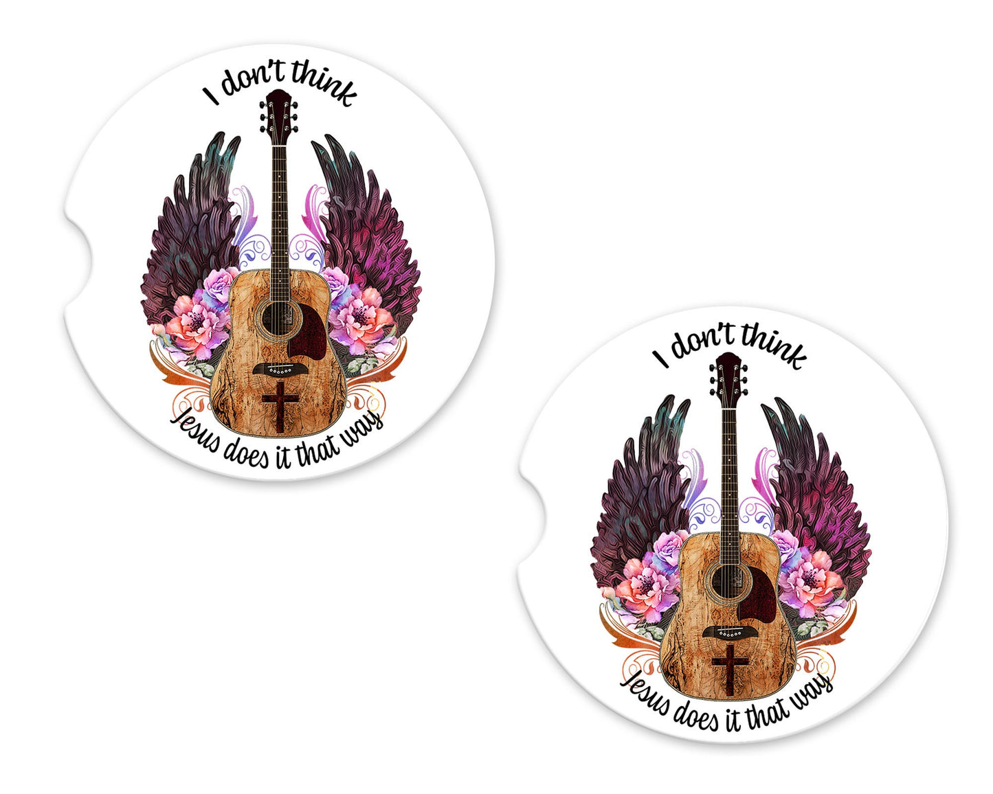 Set of 2 I Don't Think Jesus Does it That Way Guitar Sandstone Car Coasters, Car Accessory