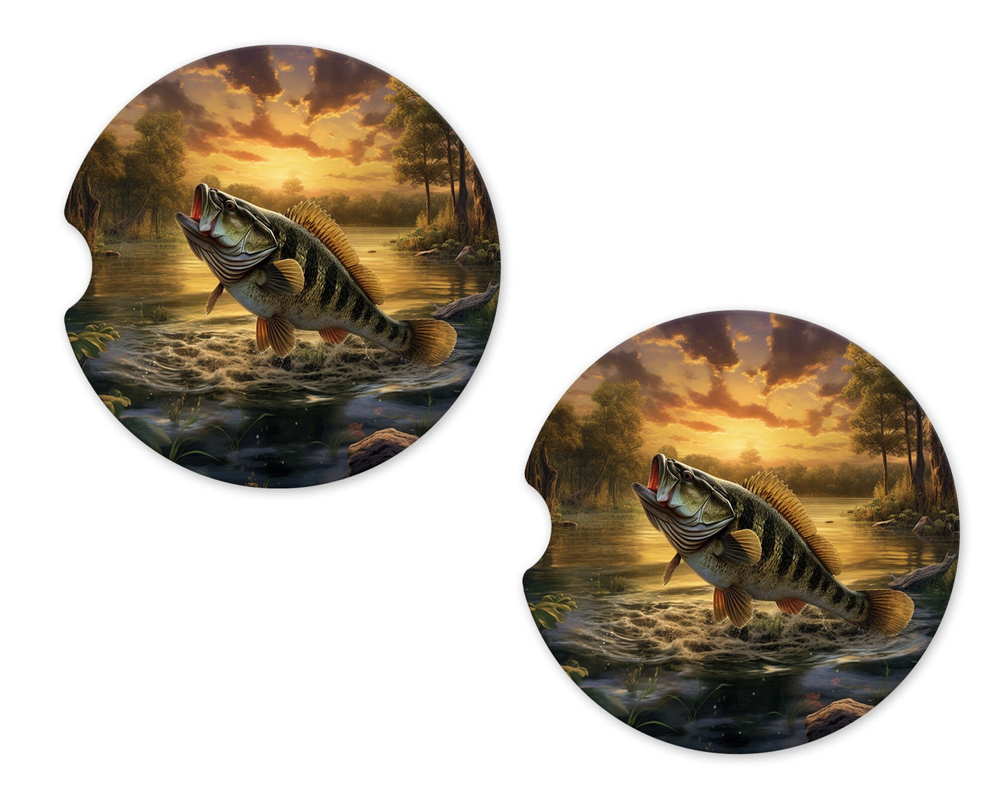 Set of 2 Fish Jumping in Lake Sandstone Car Coasters, Car Accessory