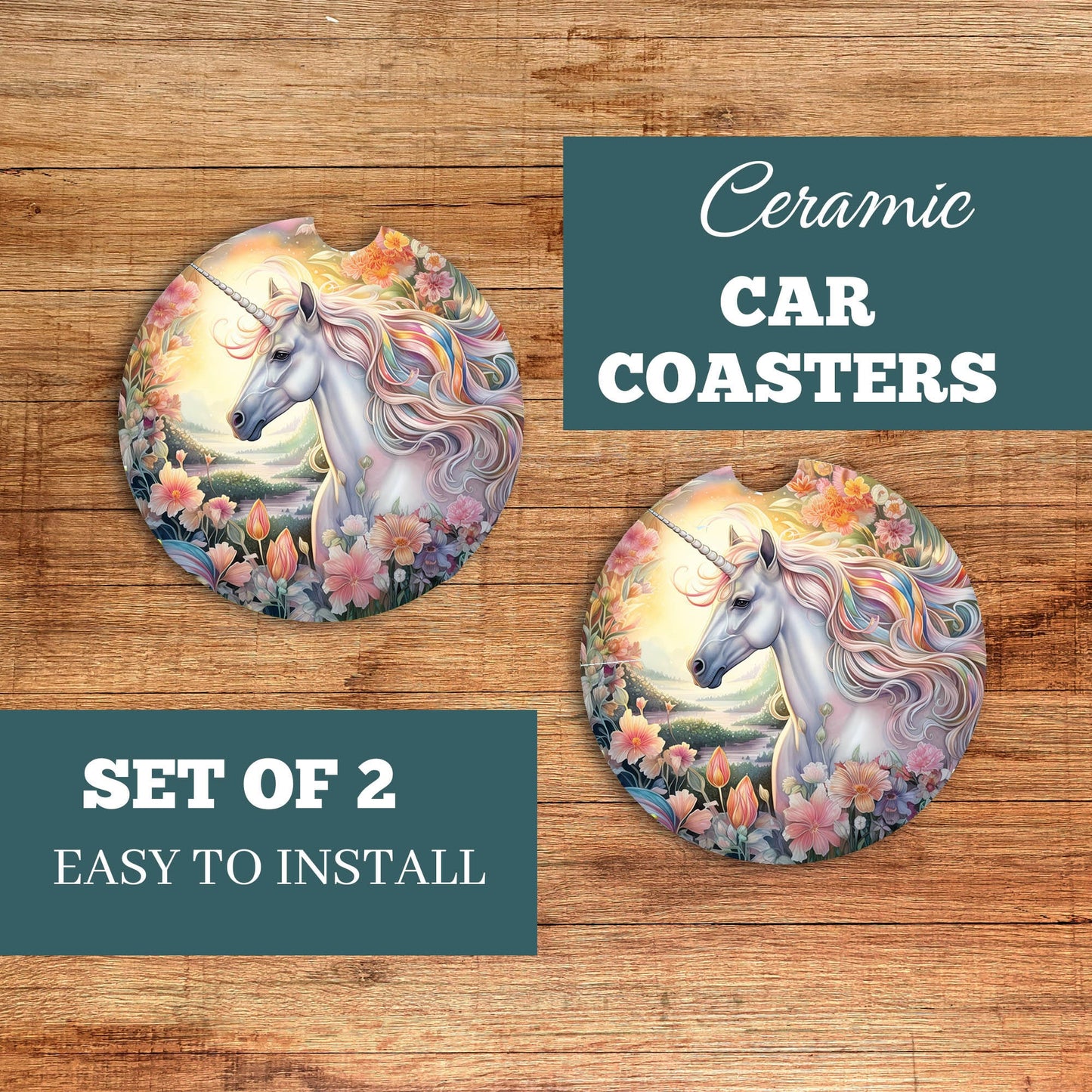 Set of 2 Floral Unicorn Sandstone Car Coasters, Car Accessory