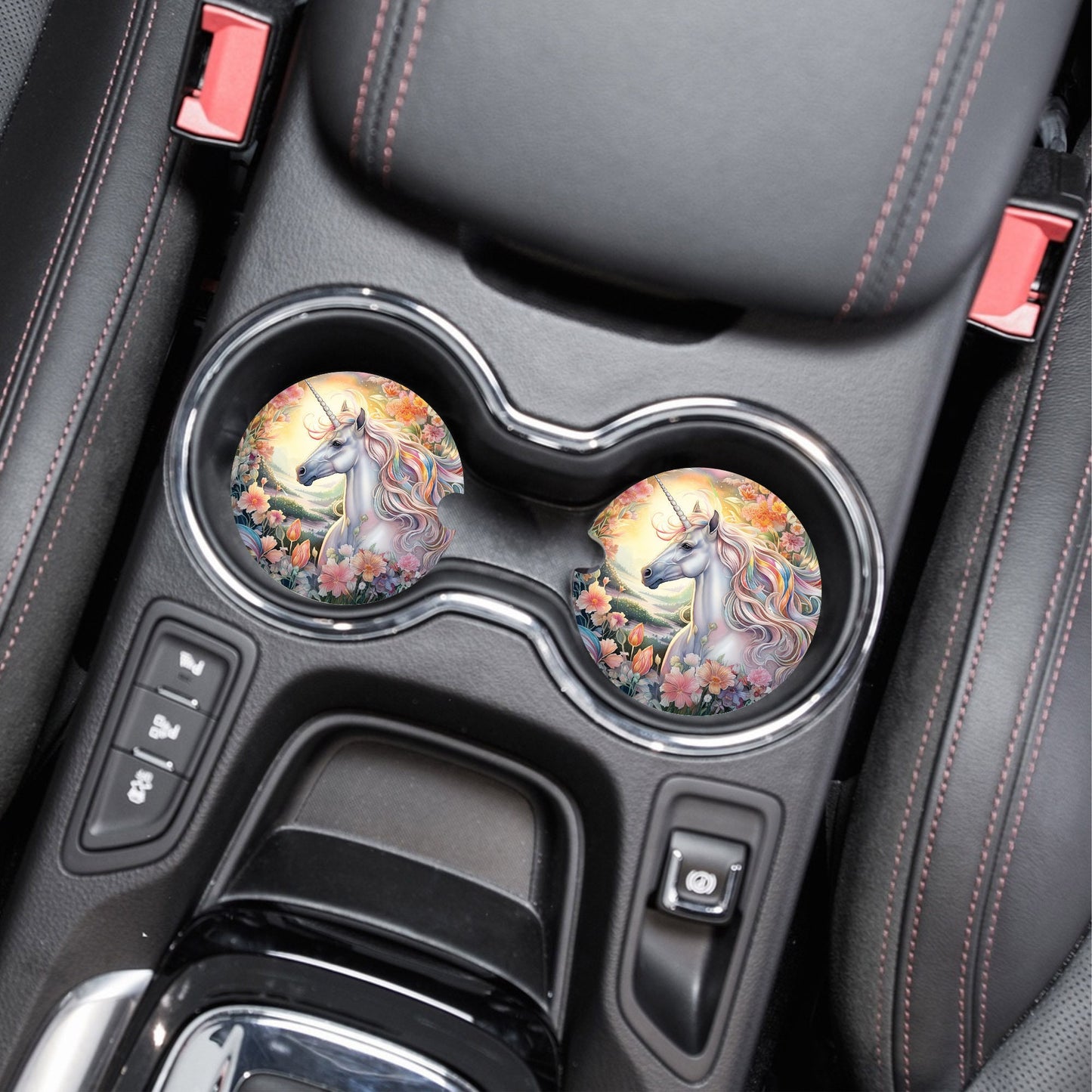 Set of 2 Floral Unicorn Sandstone Car Coasters, Car Accessory